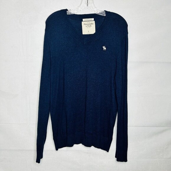 Abercrombie & Fitch Navy Cashmere Blend Sweater Size L Embroidered Moose Logo - Picture 1 of 7
